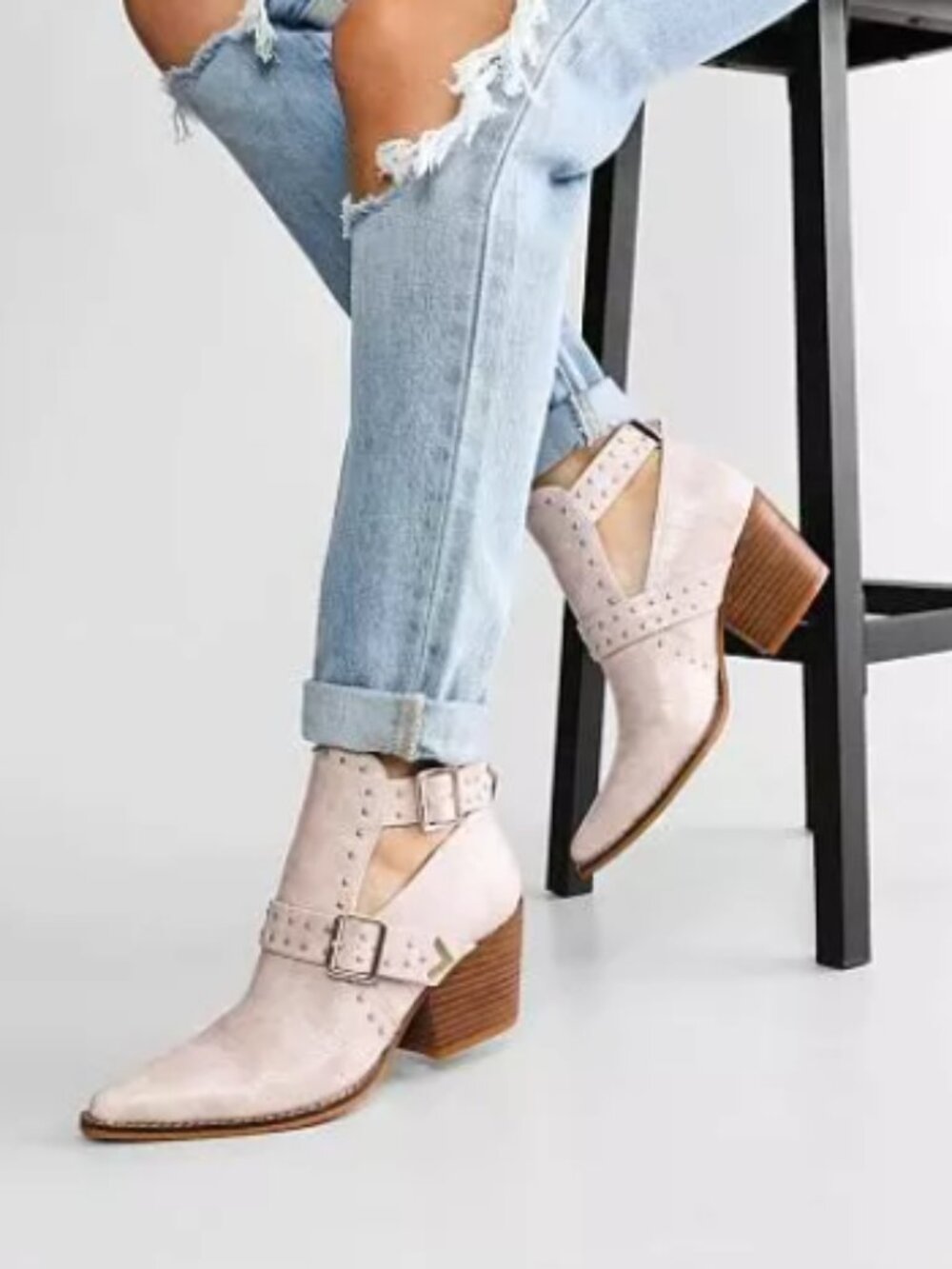 Studded Croc-Embossed Cutout Ankle Boots | Size 8